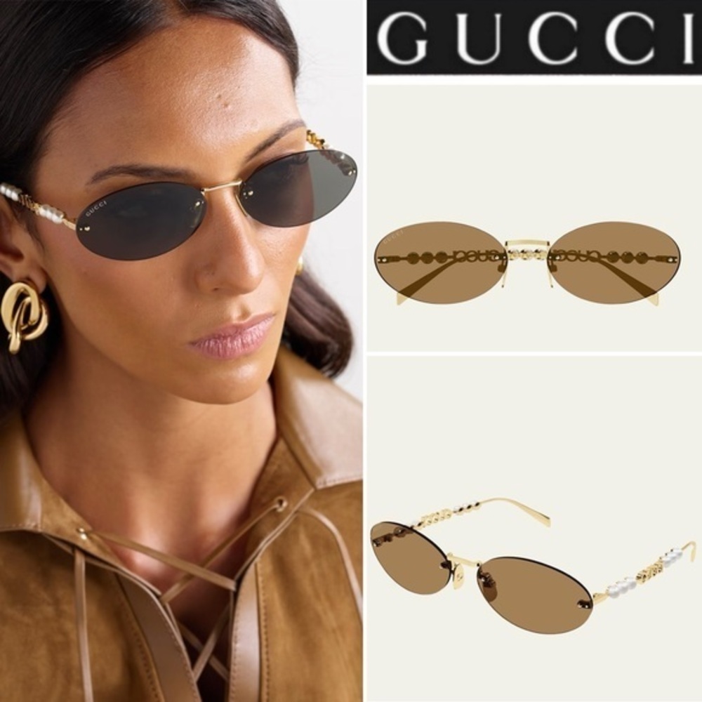 Gucci GG1922S Rimless Metal Oval Brown Sunglasses with Faux Pearls $710 NWT